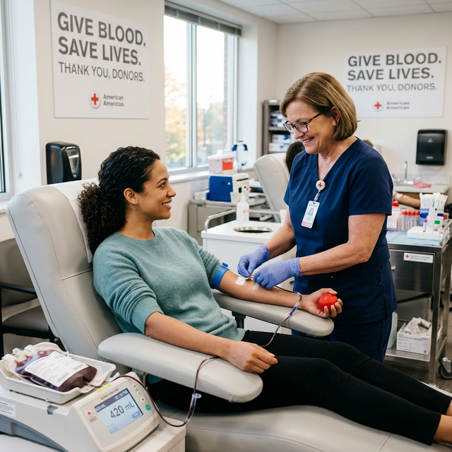 A person happily donating blood at a clinic
