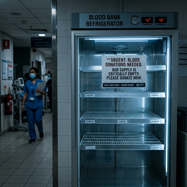 Empty blood bank conveying critical shortage